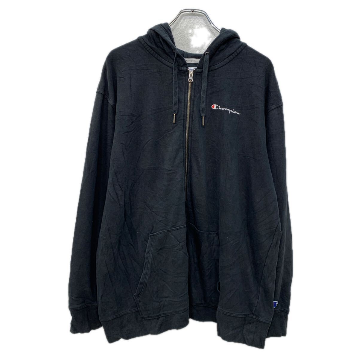 【中古】【古着】 Champion ロゴスウェット パーカー 3X ブラック チャンピオン ジップアップ ジップパーカー 刺繍ワンポイント フーディー 秋物 a712-6567
