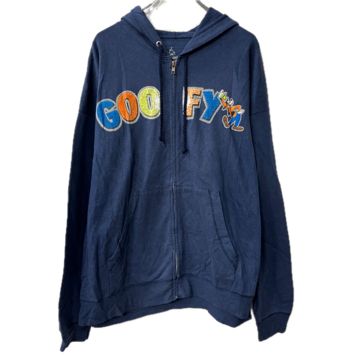 【中古】【古着】 Hanes Disneyland キャラクタースウェット パーカー 2XL ネイビー ヘインズ ディズニー フーディー ジップアップ プリント 秋物 a712-6612