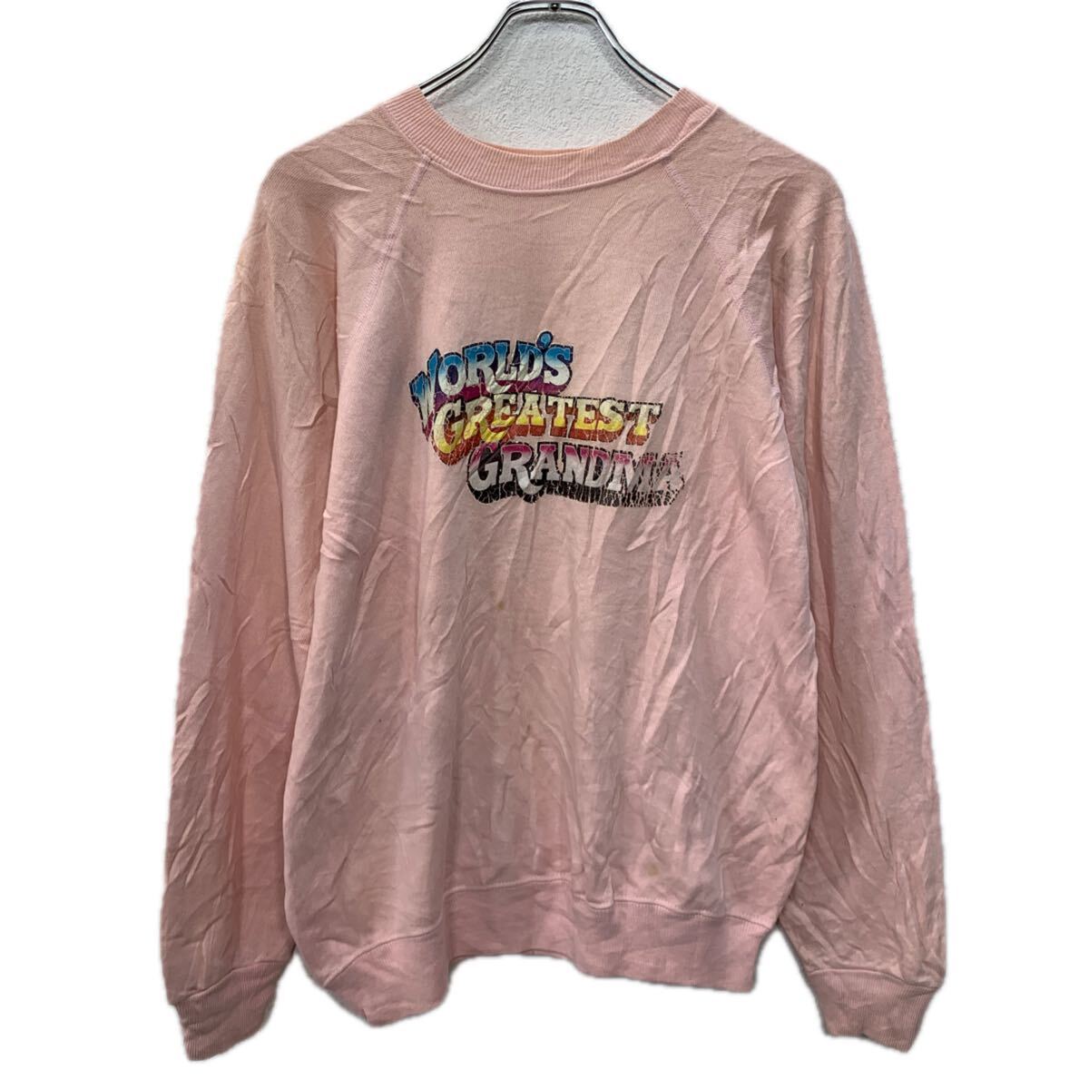 【中古】【古着】 USA製 Hanes プリントスウェット トレーナー M ホワイトピンク マルチカラー ヘインズ ビッグプリント スウェット 秋物 a712-6627