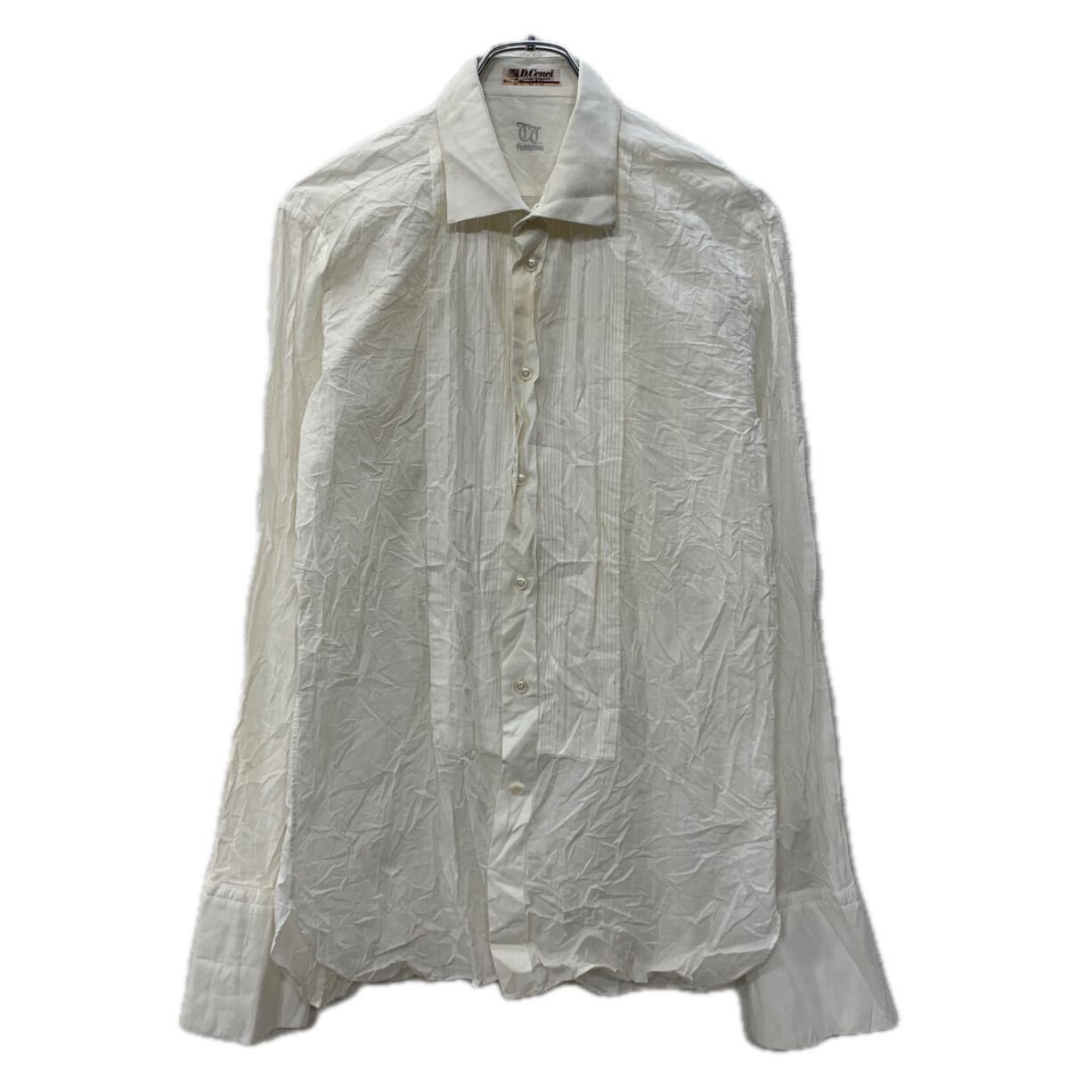 【中古】【古着】 D.Cenci 長袖 無地シャツ M ホワイト ボタン 無地 長袖シャツ 刺繍ワンポイント 無地長袖シャツ シアーシャツ 春物 a712-6707