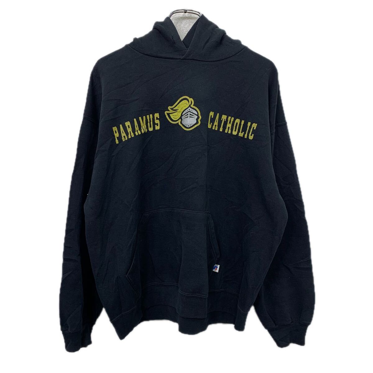 【中古】【古着】 メキシコ製 RUSSELL ATHLETIC プリントスウェット パーカー L ブラック ラッセルアスレチック 裏地やや起毛 秋物 a712-6744