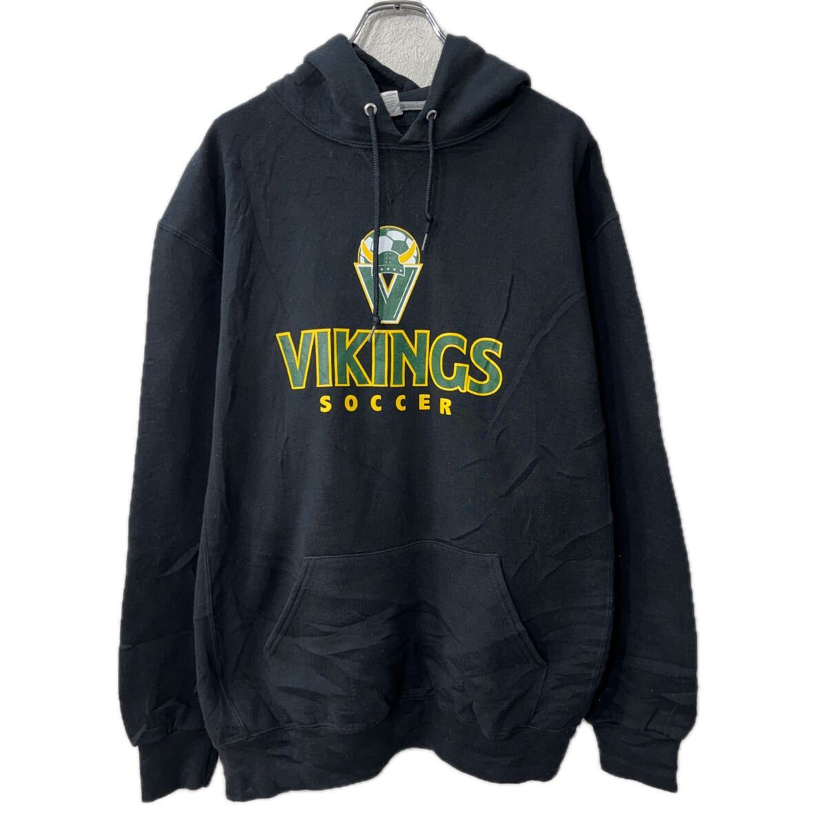 【中古】【古着】 Russell Athletic プリントスウェット パーカー XL ブラック ラッセルアスレティック フーディー サッカー トップス 秋物 a712-6786