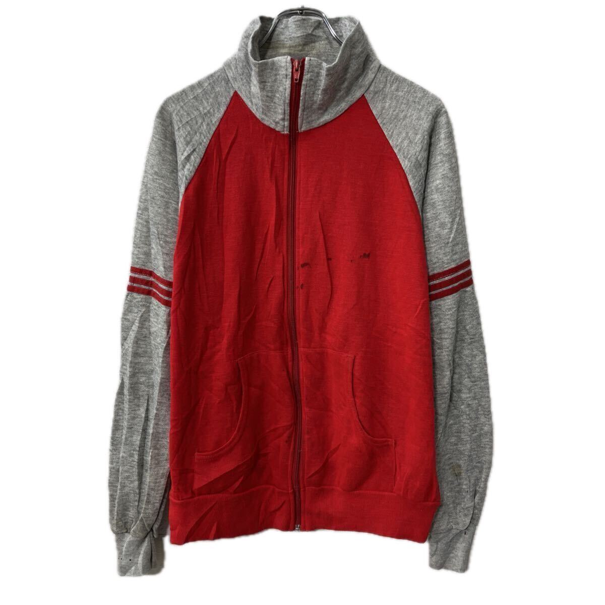 【中古】【古着】 WARM UP スウェット トレーナー L レッド グレー ジップアップ ラグラン トップス 秋物 a712-6797