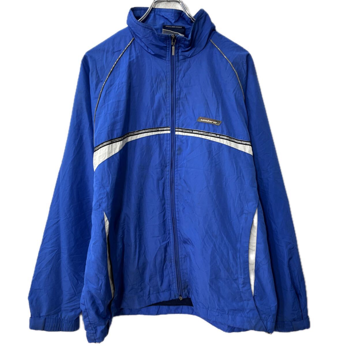 【中古】【古着】 90〜00s UMBRO ジャケット S ブルー アンブロ ジップアップ ワンポイント ロゴ刺繍 ライン 切替 ドローコード ラグラン 春物 a712-6837