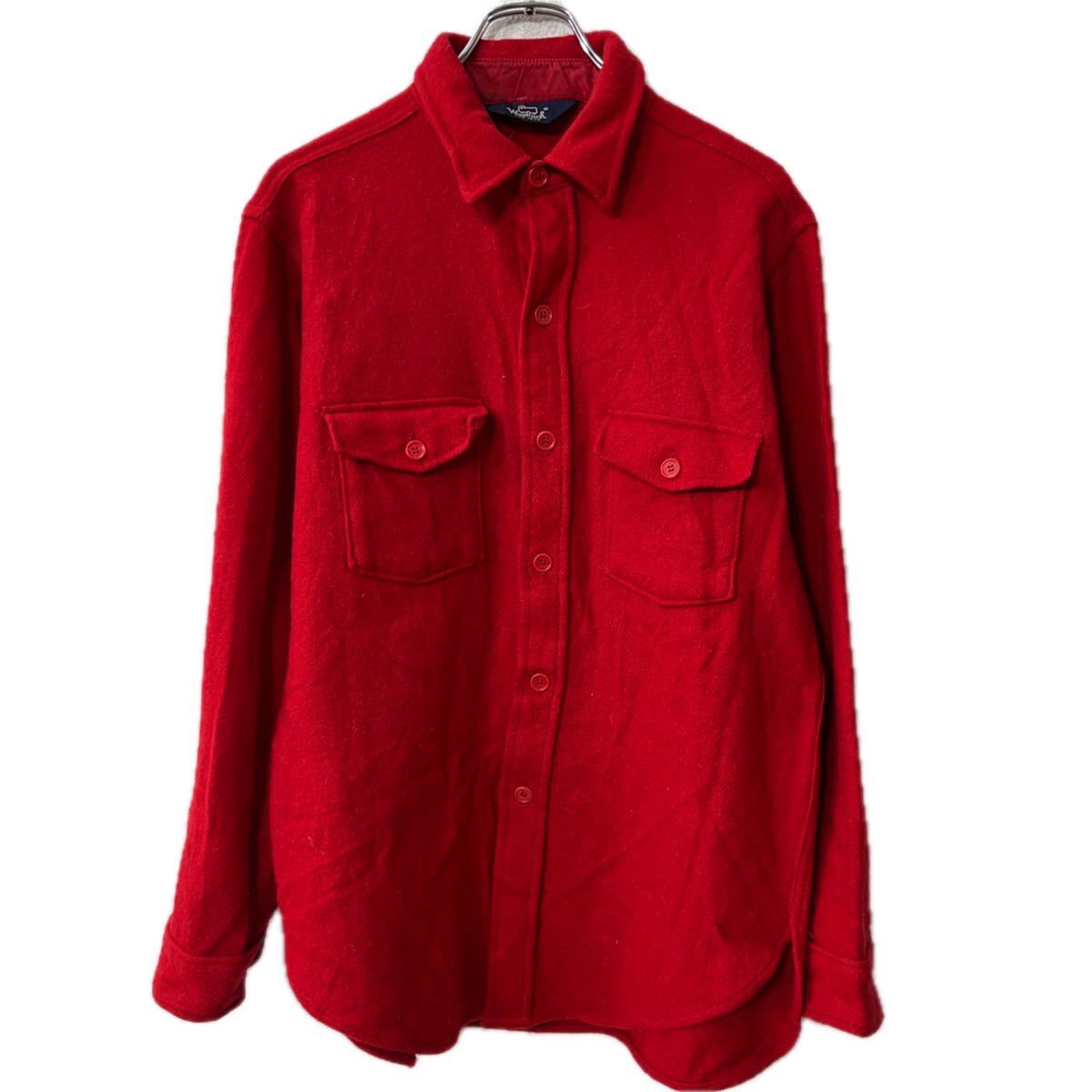 【中古】【古着】 80s USA製 Woolrich 長袖 ウールシャツ L レッド ウールリッチ ボタン シャモアクロス 秋物 a712-6839