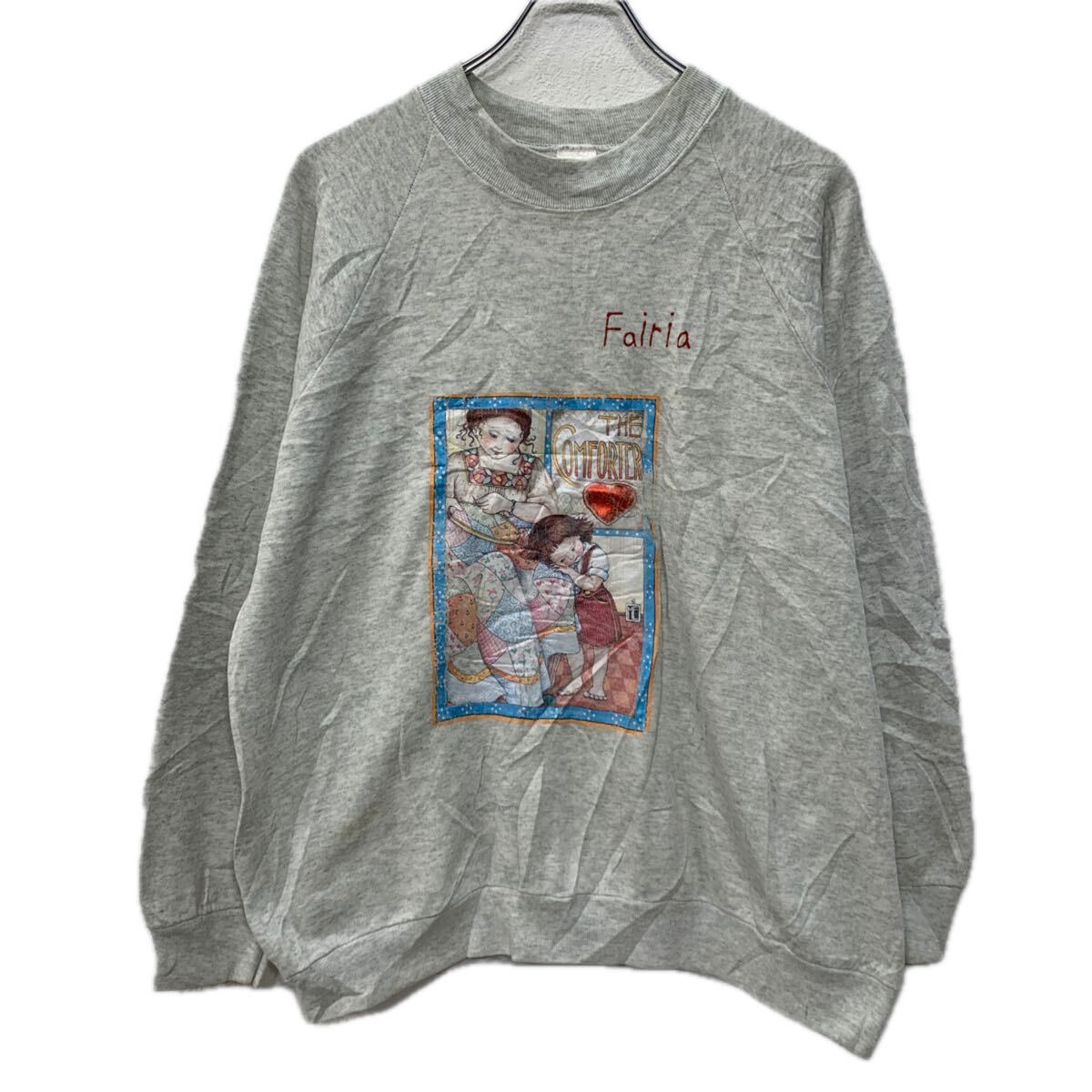 【中古】【古着】 USA製 FRUIT OF THE LOOM プリントスウェット トレーナー L グレー マルチカラー フルーツオブザルーム ビッグプリント 秋物 a712-6859