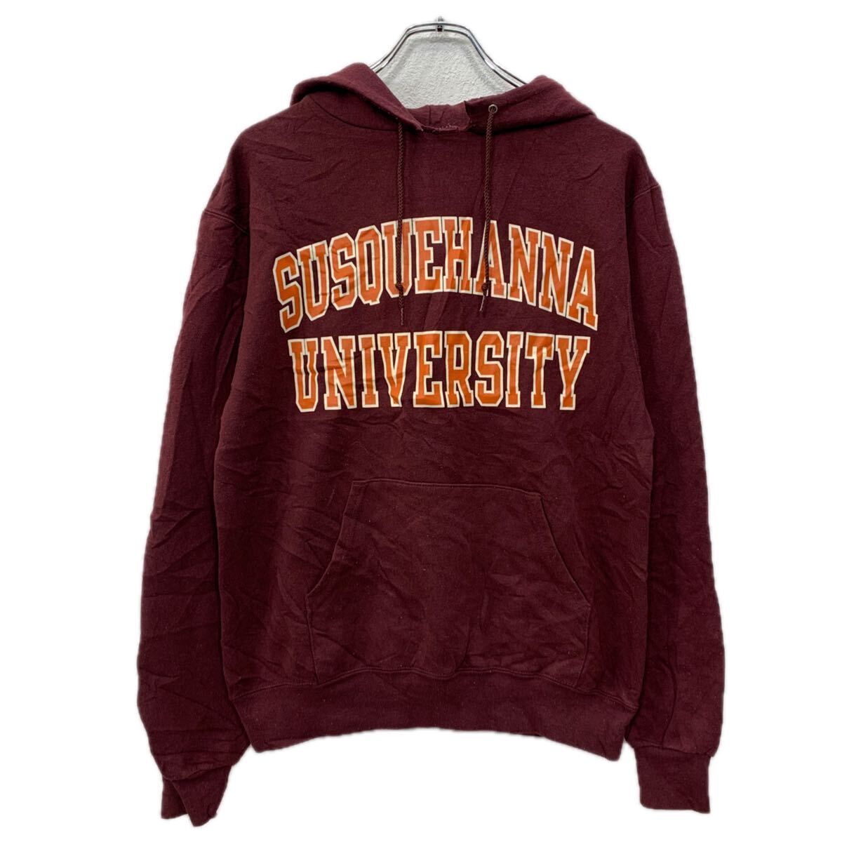 【中古】【古着】 Champion プリントスウェット パーカー S ワインレッド オレンジ チャンピオン プルオーバー ビッグプリント フーデ..