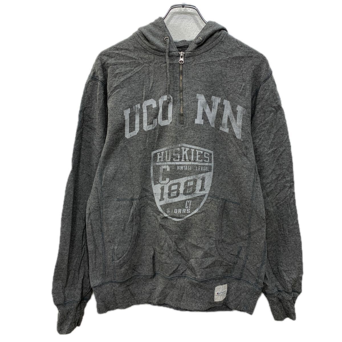 Collaboration - 【中古】【古着】 Champion プリントスウェット パーカー S グレー ホワイト チャンピオン ハーフジップ フーディー ビッグプリント 秋物 a712-6943