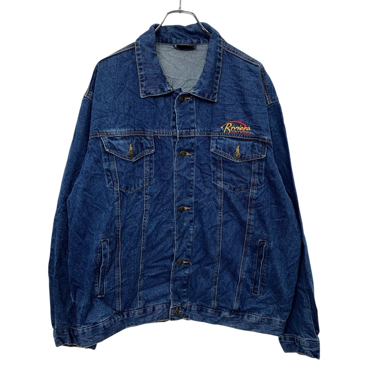 【中古】【古着】 Riviera デニムジャケット XL インディゴブルー リビエラ 胸刺繍ロゴ ビッグバック刺繍ロゴ ラスベガスホテル カジノ 秋物 a801-5005