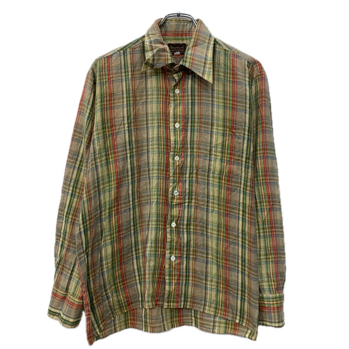 【中古】【古着】 Branford 長袖 チェックシャツ L グリーン マルチカラー ブランフォード ボタン 胸ポケット シアーシャツ チェック柄 春物 a801-5109