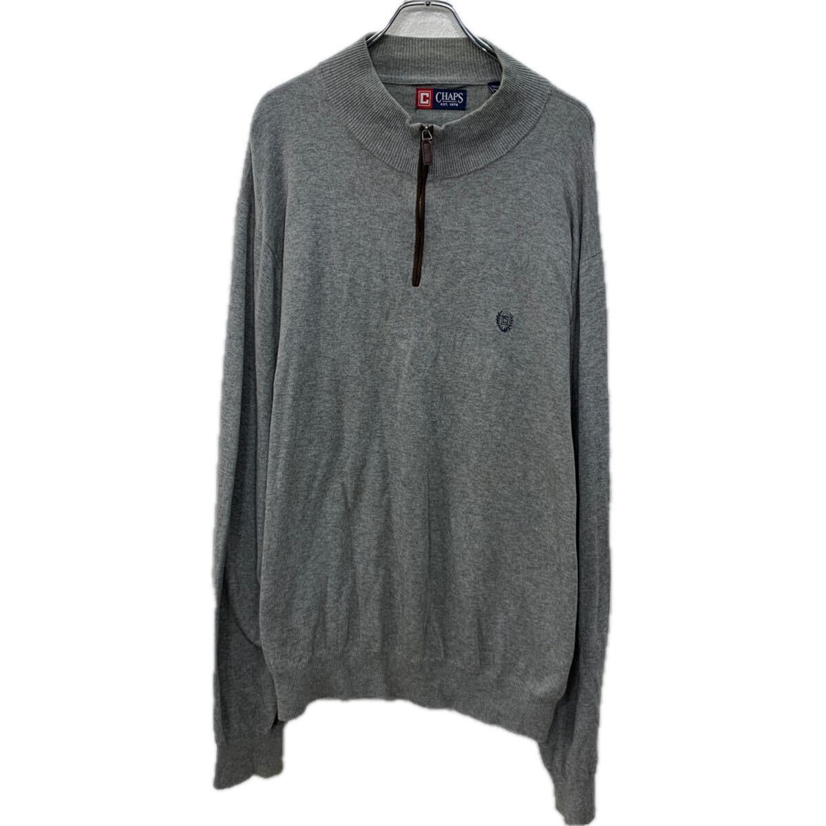 【中古】【古着】 CHAPS コットンニット セーター XXL グレー チャップス ハーフジップ 刺繍ワンポイント モックネック コットン100% 無地 秋物 a801-5147