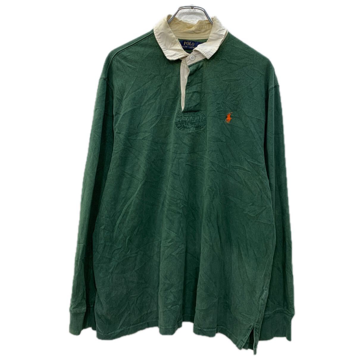 【中古】【古着】 POLO RALPH LAUREN 長袖 ラガーシャツ XL グリーン ポロラルフローレン ハーフボタン 刺繍ワンポイント カスタムフィット 秋物 a801-5155