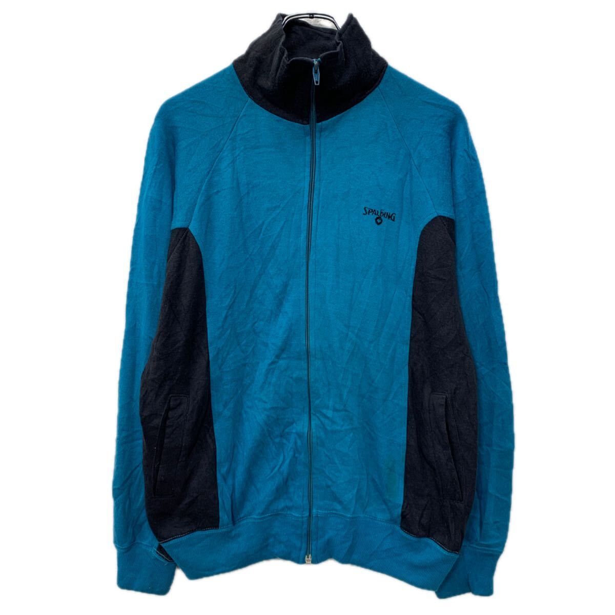 【中古】【古着】 SPALDING ロゴスウェット トレーナー M ブルー ブラック スポルディング ジップアップ 刺繍ワンポイント スウェット 秋物 a801-5171