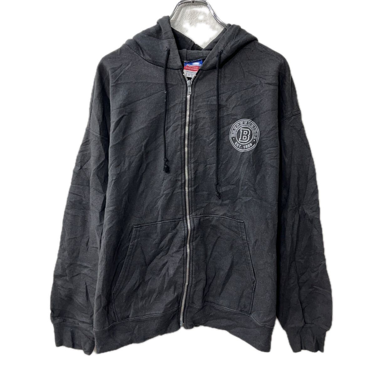 【中古】【古着】 メキシコ製 Champion プリントスウェット パーカー L ダークグレー チャンピオン フーディー ジップアップ トップス 秋物 a801-5208