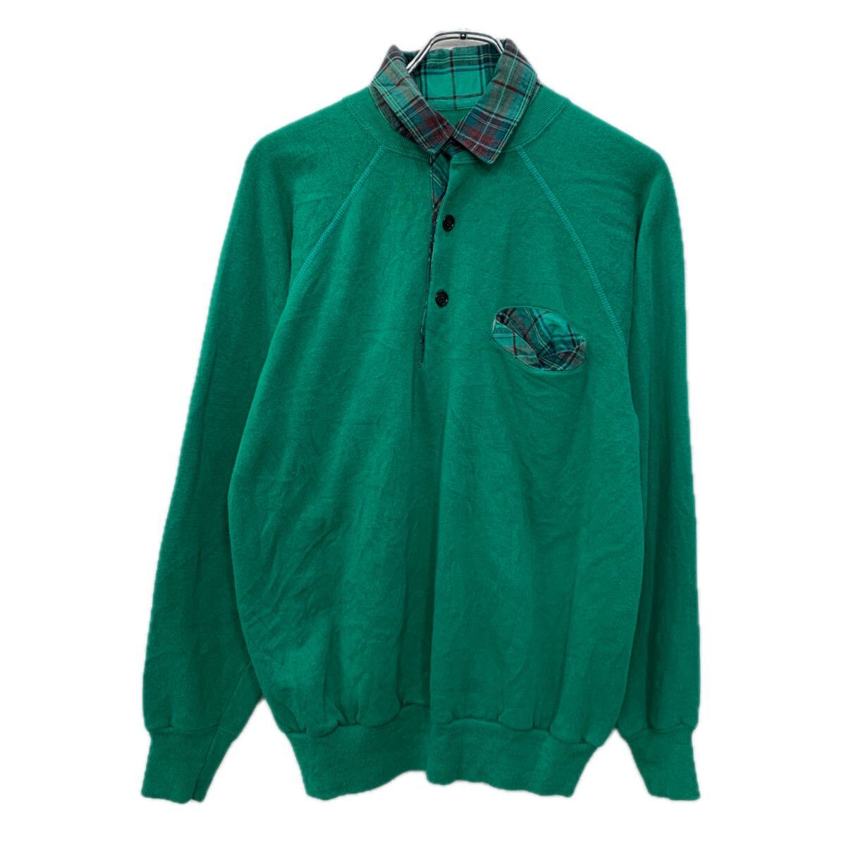 【中古】【古着】 USA製 Pannill 長袖 ポロシャツ XLARGE グリーン レッド パニール ハーフボタン 胸ポケット スウェット 無地 チェック柄 秋物 a801-5217