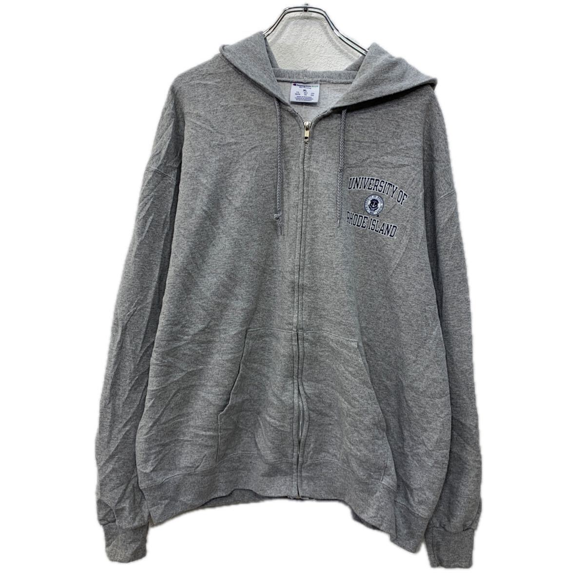 【中古】【古着】 Champion ロゴスウェット パーカー XLグレー ネイビー チャンピオン ジップアップ ジップパーカー フーディー ワンポイント 秋物 a801-5221