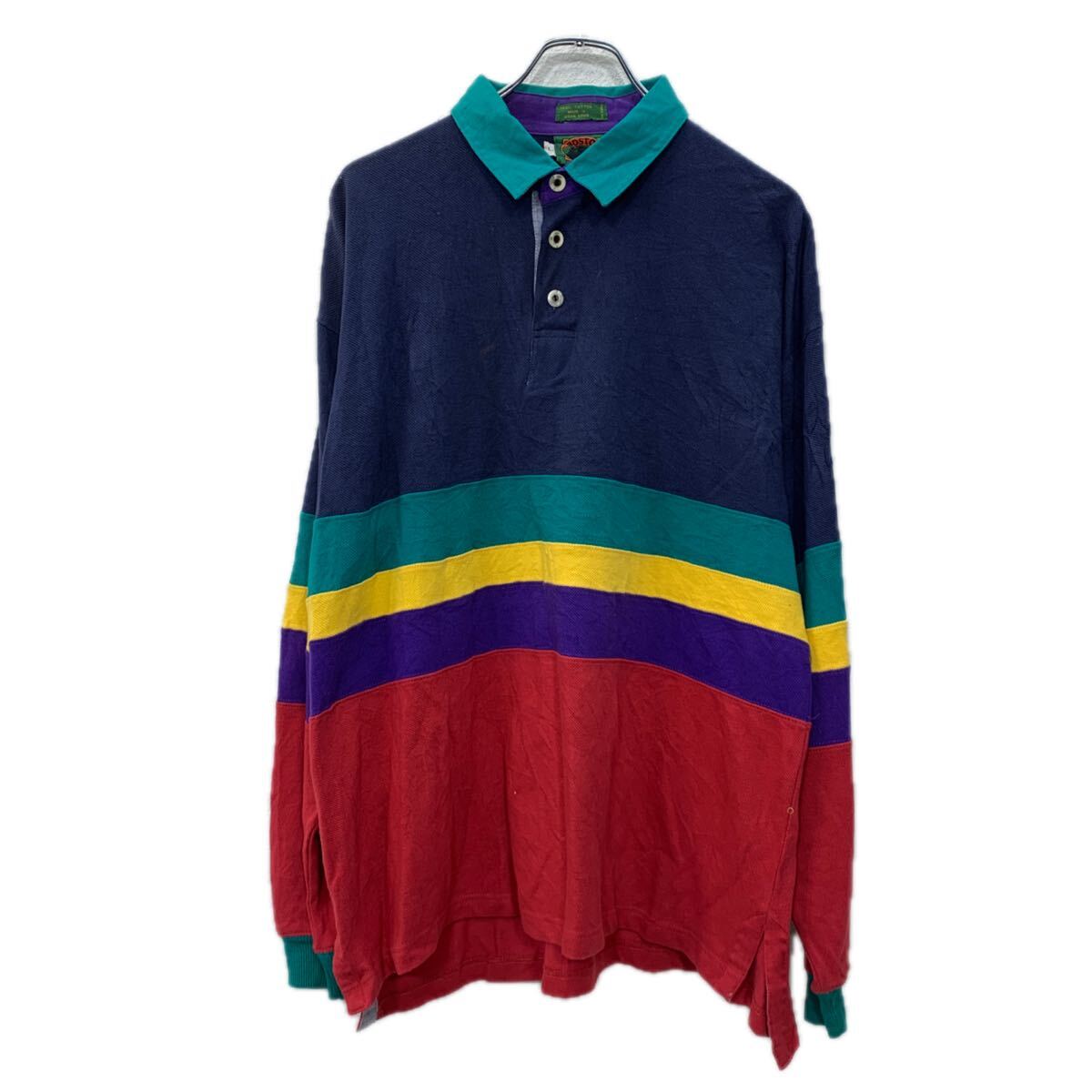 【中古】【古着】 BOSTON TRADERS 長袖 ポロシャツ L ネイビー マルチカラー ボストン・トレーダーズ ハーフボタン コットン100% 春物 a801-5268