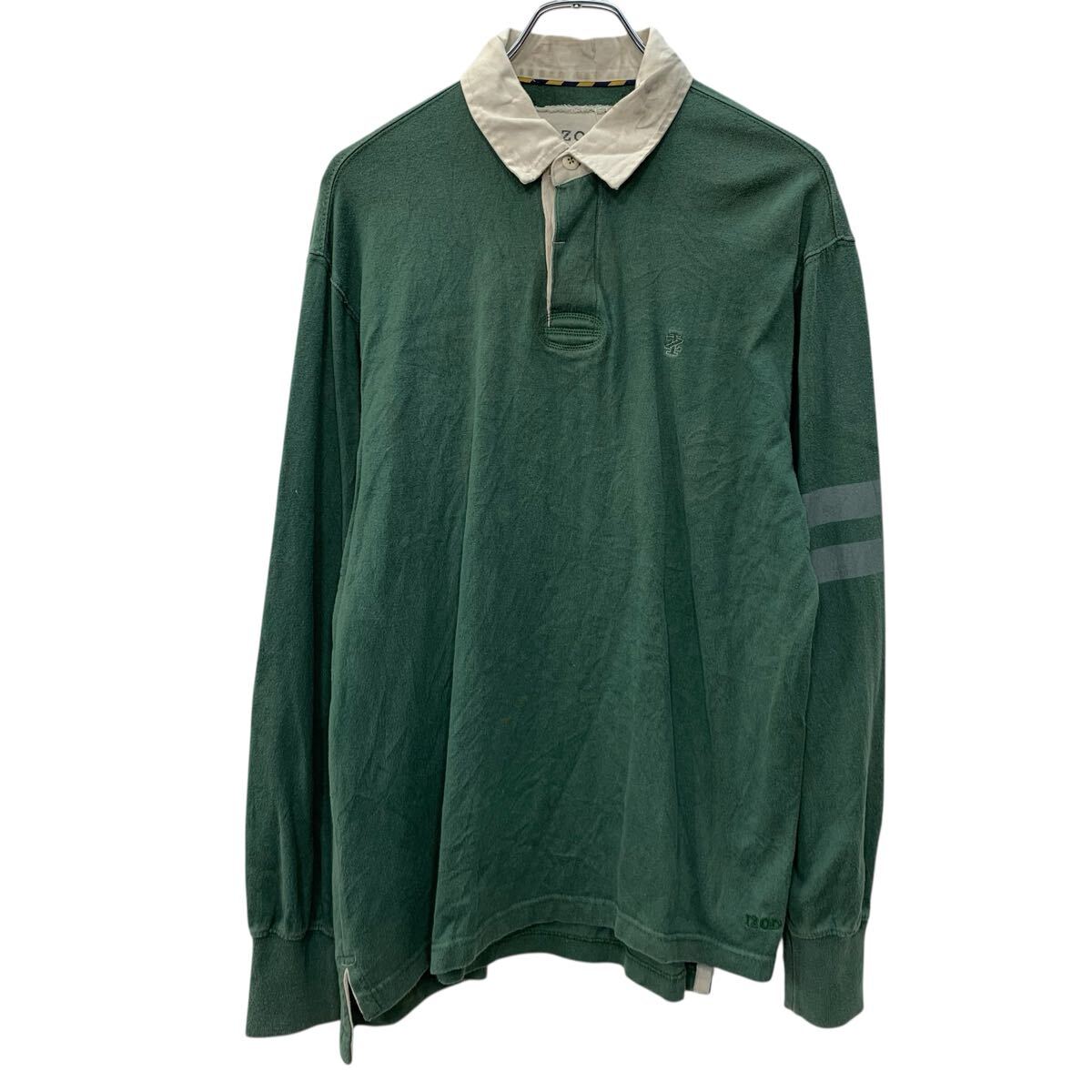 Rakuten - 【中古】【古着】 IZOD 長袖 ラガーシャツ S グリーン ホワイト アイゾッド ハーフボタン 刺繍ワンポイント コットン100% アームデザイン 春物 a801-5271