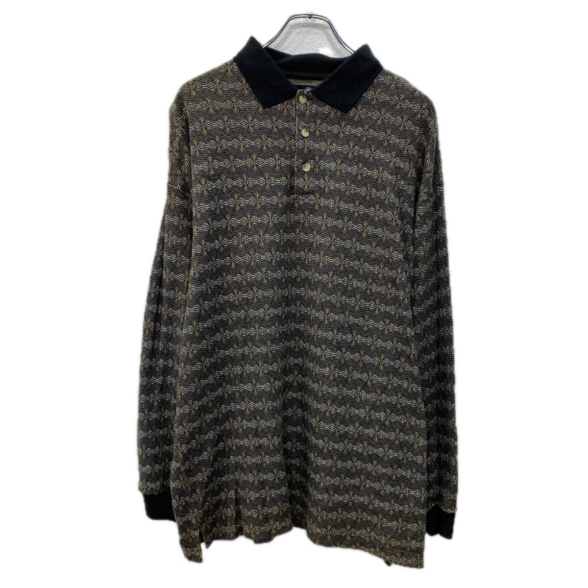 【中古】【古着】 NINO CERRUTI 長袖 ポロシャツ L ブラウン マルチカラー ニノセルッティ ハーフボタン 総柄 総柄ポロシャツ コットン100% 秋春物 a801-5272