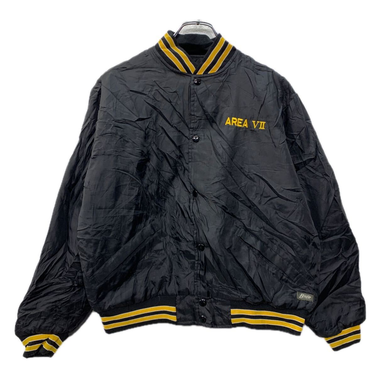 【中古】【古着】 Birdie スタジアムジャケット L ブラックイエロー スナップボタン バックプリント スタジャン 刺繍ロゴ ナイロンジャケット 秋物 a801-5277