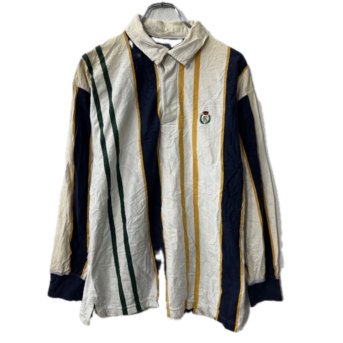 【中古】【古着】 CHAPS RALPH LAUREN 長袖 ストライプポロシャツ XL ホワイト マルチカラー チャップス ラルフローレン コットン トップス 秋物 a801-5284