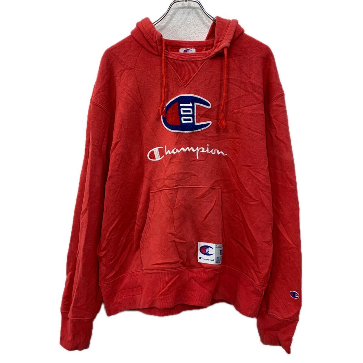 【中古】【古着】 Champion ロゴスウェット パーカー LARGE レッド チャンピオン ビッグロゴ フーディー 刺繍ロゴ ワンポイント 秋物 a801-5288