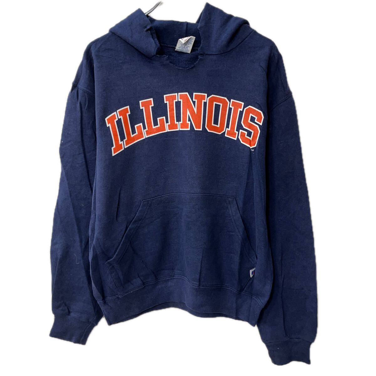 【中古】【古着】 メキシコ製 Russell Athletic プリントスウェット パーカー S ネイビー フーディー ILLINOIS トップス 秋物 a801-5337