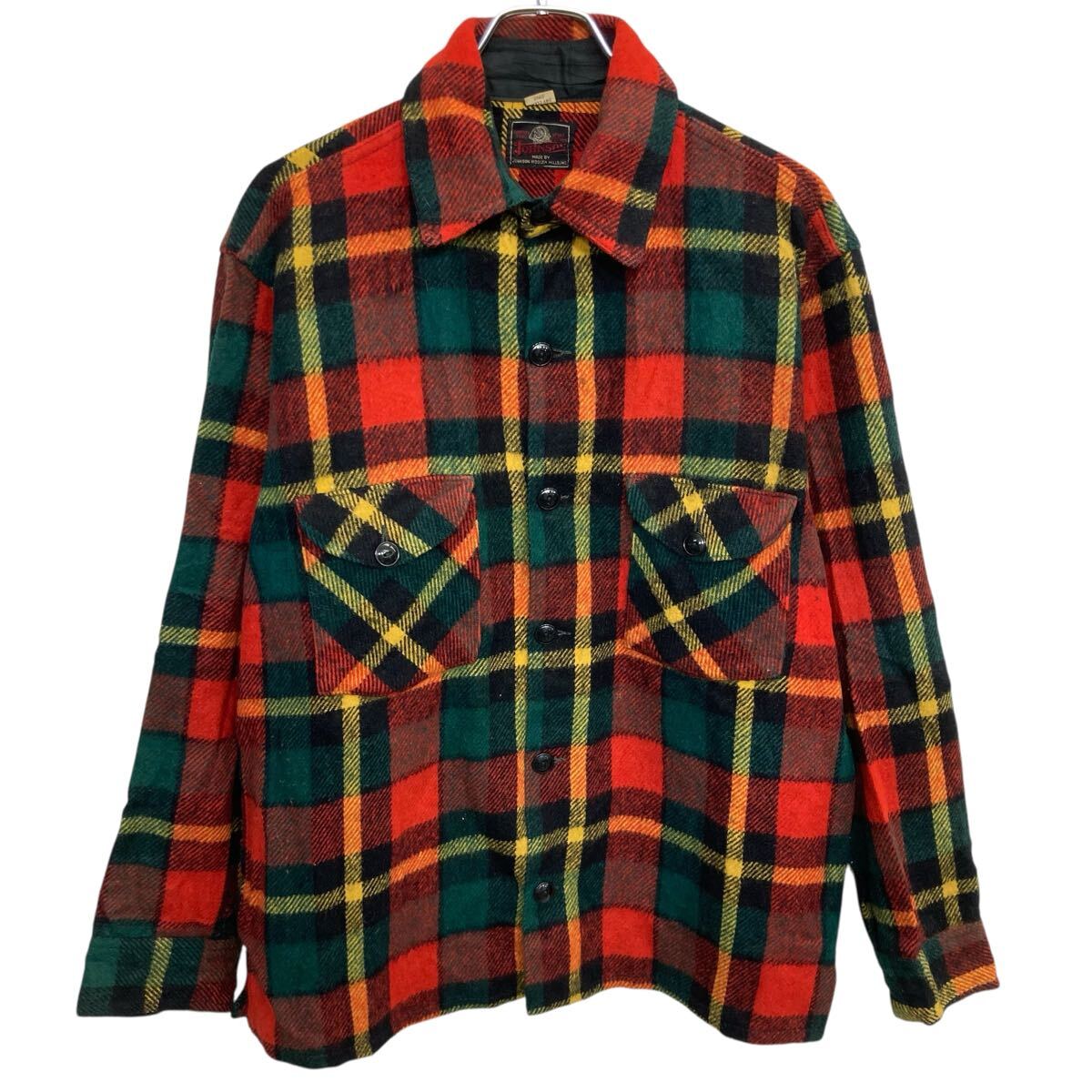 【中古】【古着】 60s〜 Vintage JOHNSON WOOLEN MILLS 長袖 フランネルシャツ XL〜 マルチカラー ジョンソンウーレンミルズ 猫目ボタン 秋物 a801-5446