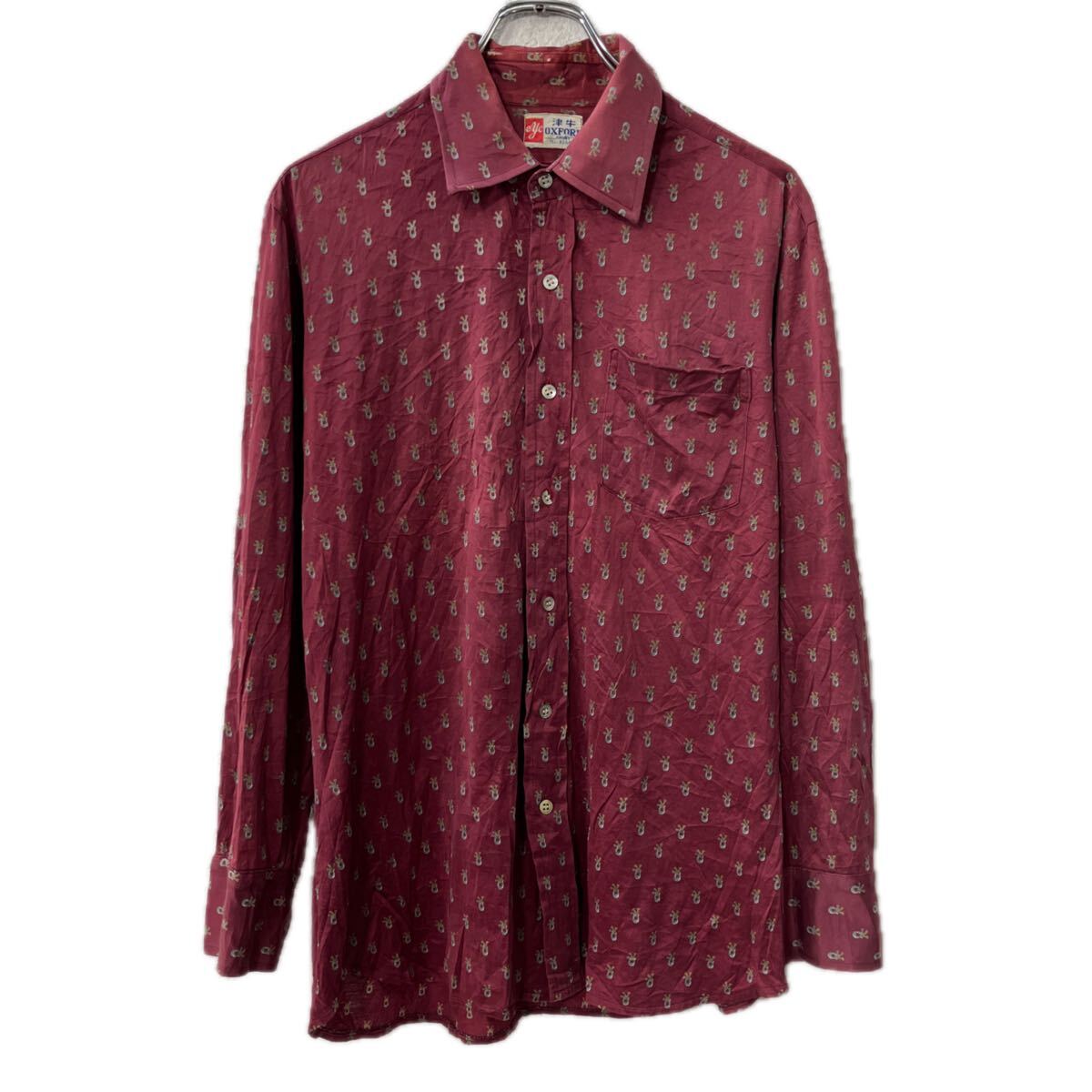 【中古】【古着】 津牛 OXFORD 長袖 柄シャツ M〜 ワインレッド 総柄 胸ポケット 長袖シャツ トップス 春物 a801-5505