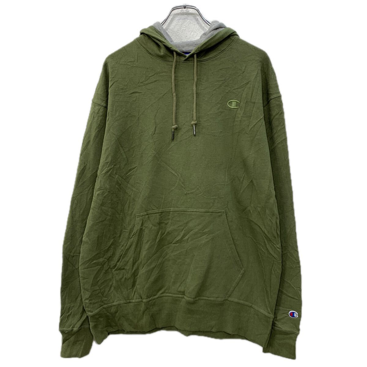 【中古】【古着】 Champion ロゴスウェット パーカー L カーキ チャンピオン プルオーバー フーディー ワンポイント刺繍 無地スウェッ..