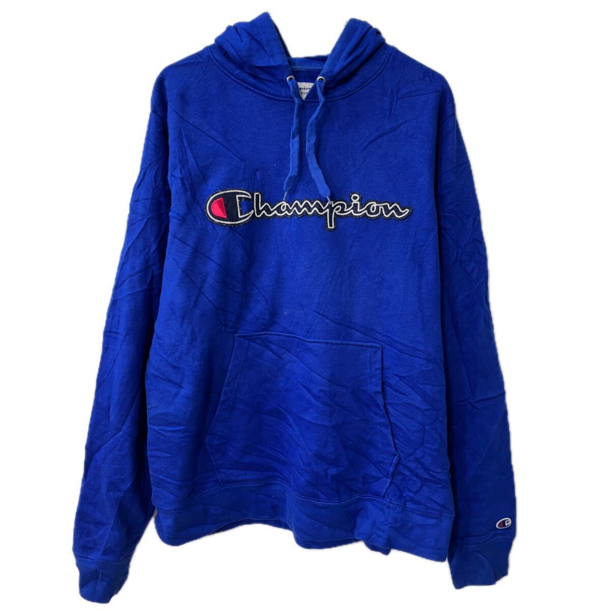 Jumper, Blouson - 【中古】【古着】 Champion ロゴスウェット パーカー L ブルー チャンピオン フーディー プルオーバー プリント トップス 秋物 a801-5848