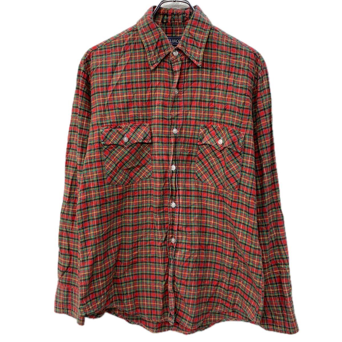 【中古】【古着】 HOLBROOK 長袖 チェックシャツ M レッド マルチカラー ボタン 胸ポケット ネルシャツ コットン100% チェック柄 春秋..