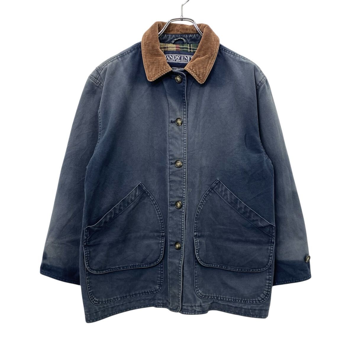 【中古】【古着】 90s LANDS'END レディース ハンティングジャケット M グレー系 ランズエンド 襟コーデュロイ 裏地チェック フェード 春秋物 a801-6046