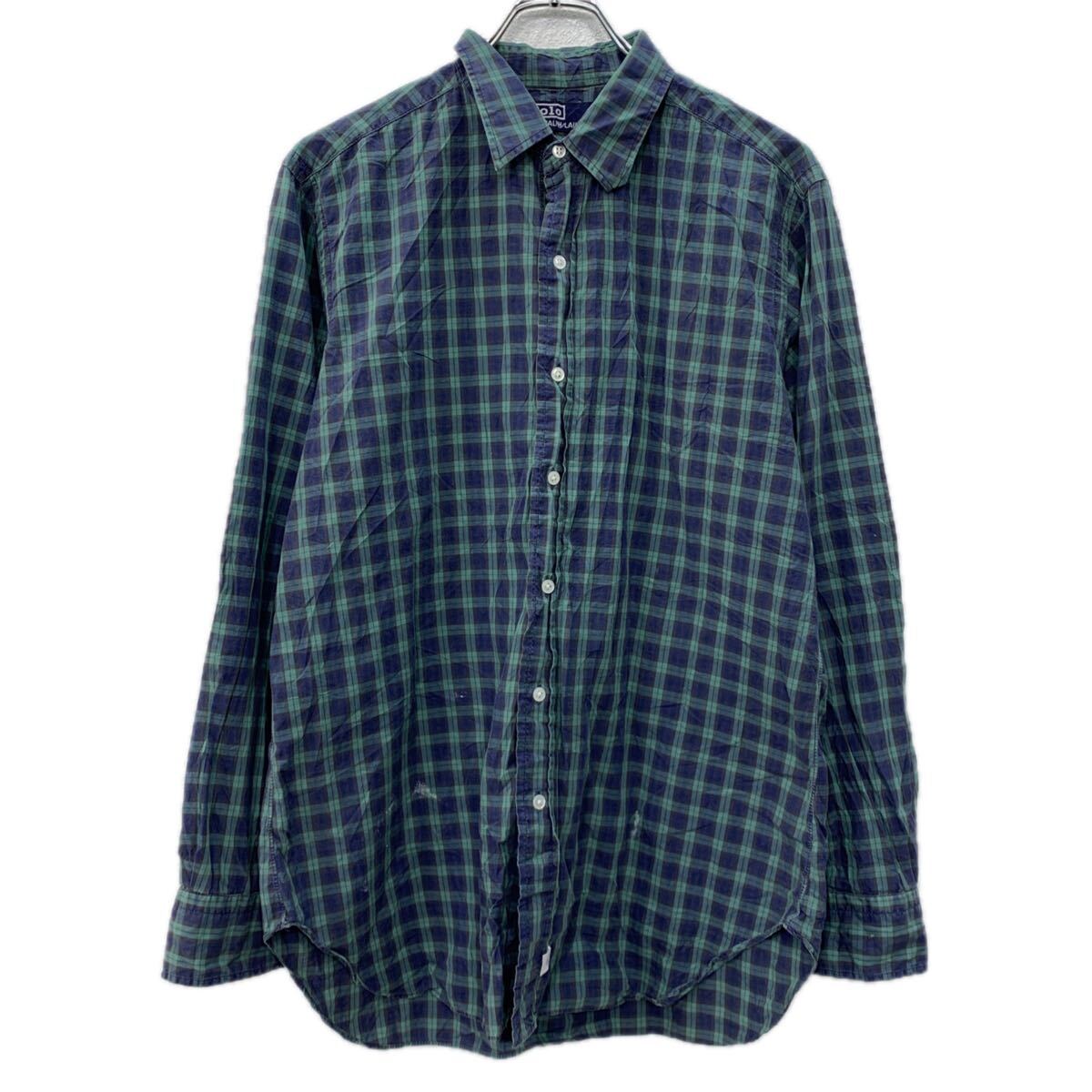Rakuten - 【中古】【古着】 90s POLO RALPH LAUREN 長袖 チェックシャツ L グリーン ネイビー ポロバイラルフローレン ボタン チェック柄 春物 a801-6175