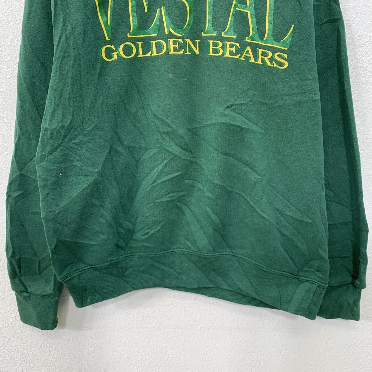 【中古】【古着】 90s USA製 SOFFE プリントスウェット トレーナー L グリーン ソフィー プルオーバー ビックプリント 90年代 裏起毛 秋物 a801-6209