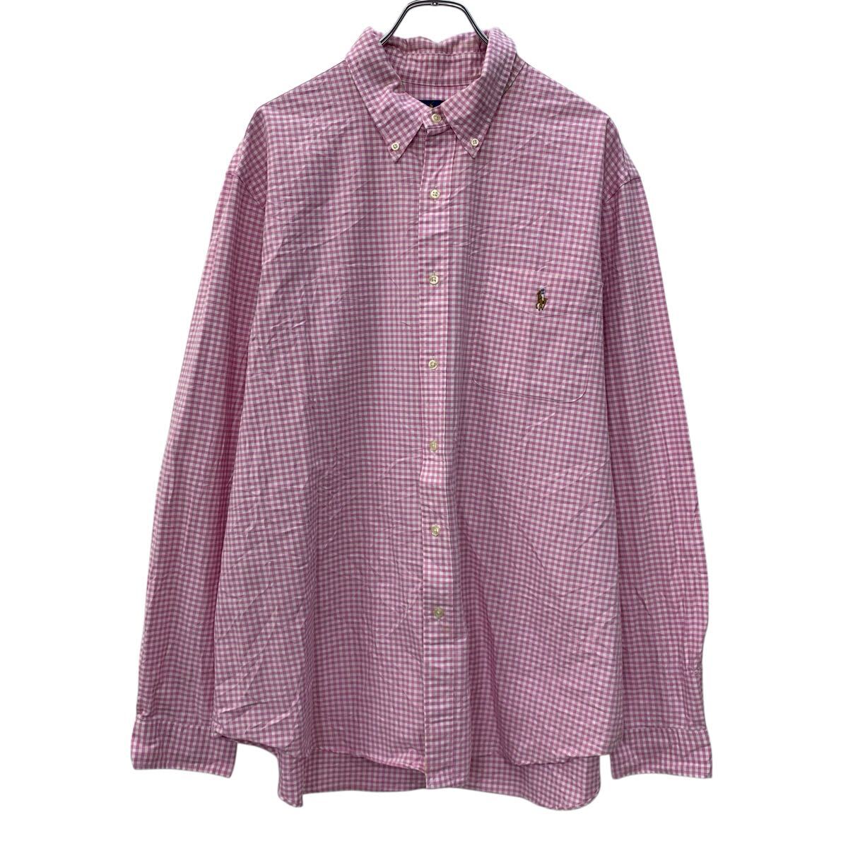 【中古】【古着】 RALPH LAUREN 長袖 チェックシャツ XXL ピンク ホワイト ラルフローレン ボタンダウン ボタン ワンポイント刺繍 胸ポ..