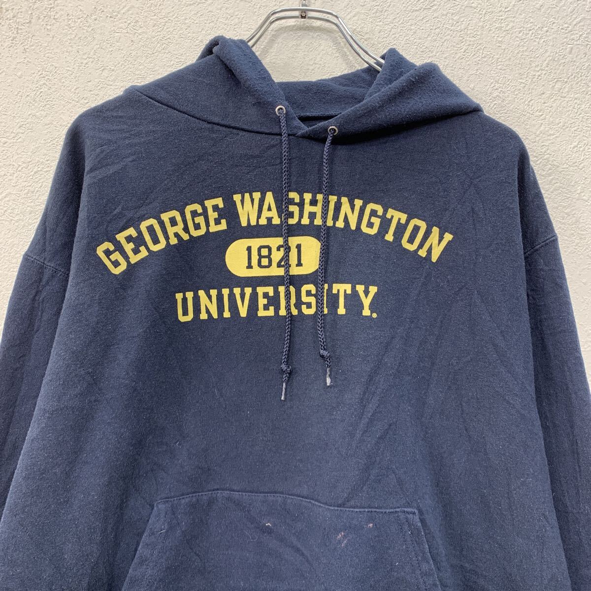 【中古】【古着】 Champion プリントスウェット パーカー L ネイビー チャンピオン プルオーバー フーディー ビックプリント スウェット 秋物 a802-5107 - 2