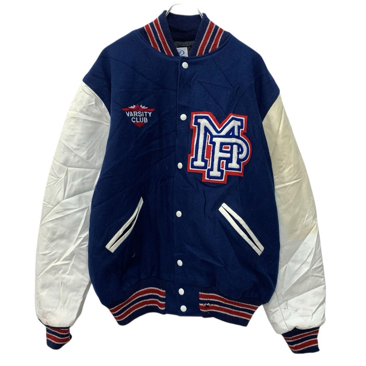 【中古】【古着】 〜00s NEEF スタジアムジャケット XL ネイビー ホワイト スナップボタン フェルト刺繍 ウール スポーティー アウター..