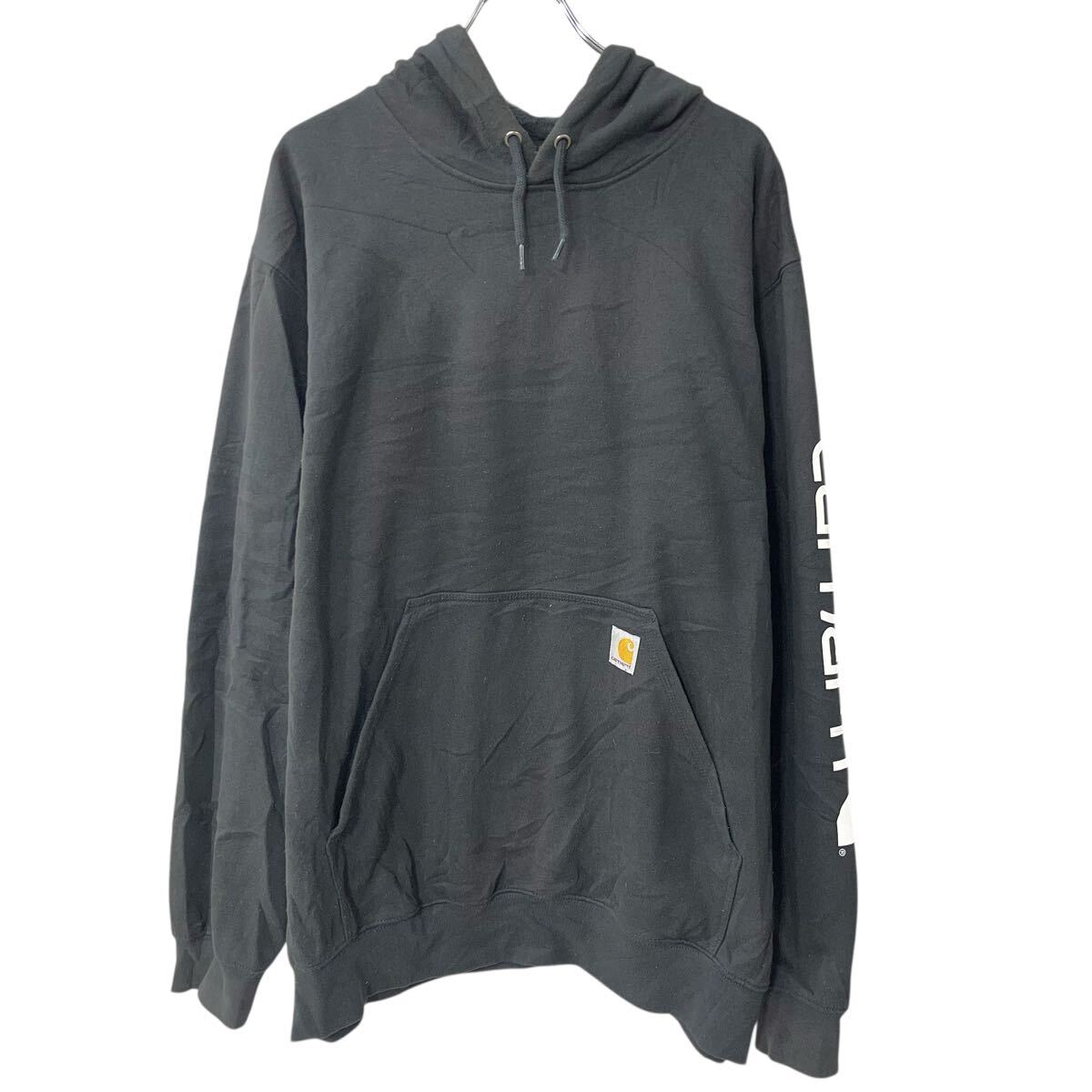 【中古】【古着】 Carhartt ロゴスウェット パーカー XL ブラック カーハート フーディー プルオーバー スリーブプリント トップス 秋物 a802-5218