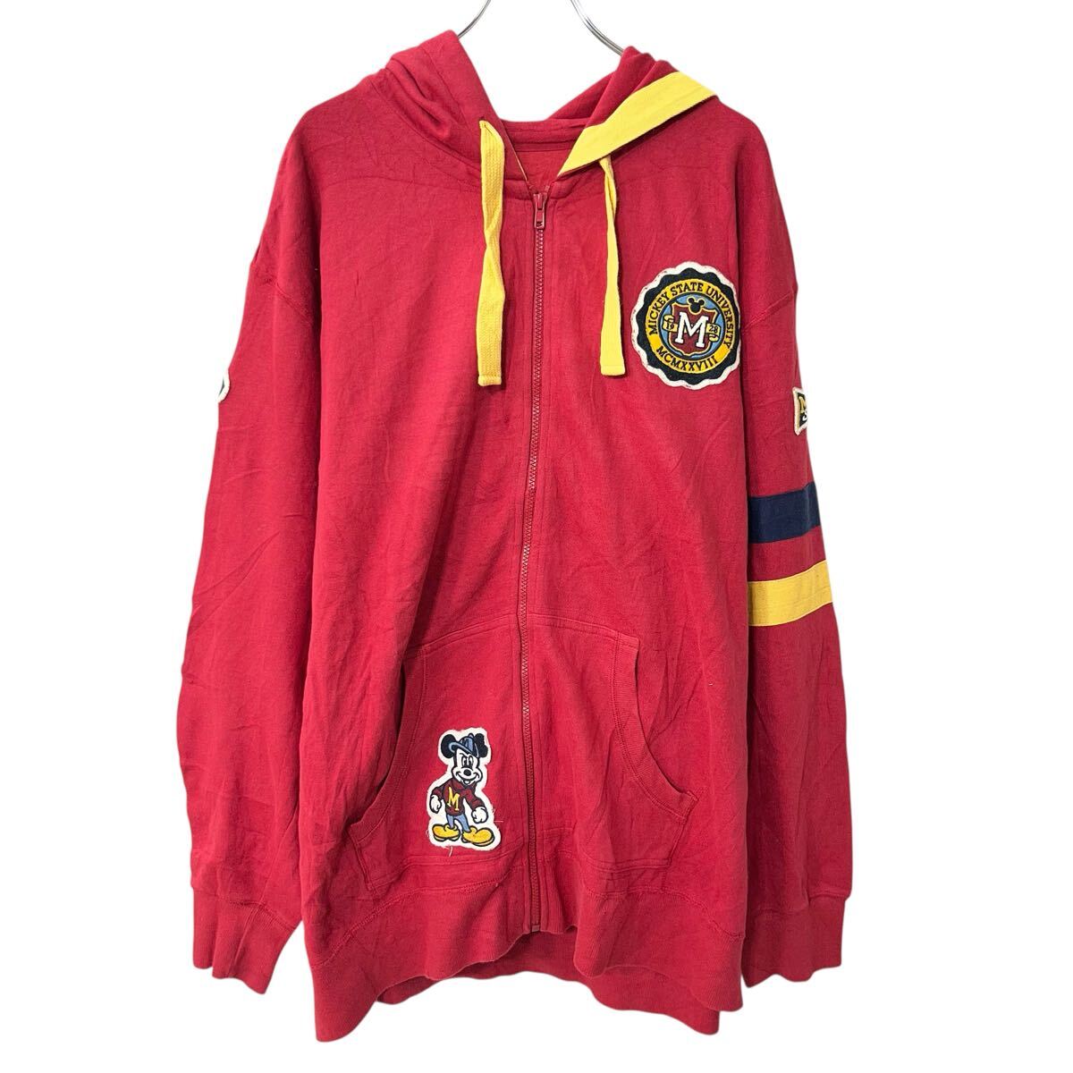 【中古】【古着】 Disney PARKS プリントスウェット パーカー 3XL レッド ディズニー キャラクター フーディー ジップアップ トップス 秋物 a802-5221
