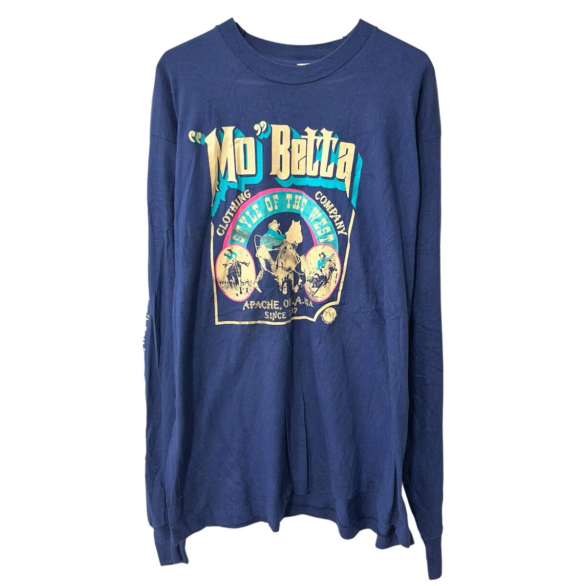 【中古】【古着】 MAURY TATE'S MO BETTA 長袖 プリントTシャツ 2XL ネイビー コットン ロンT プルオーバー トップス 春物 a802-5409