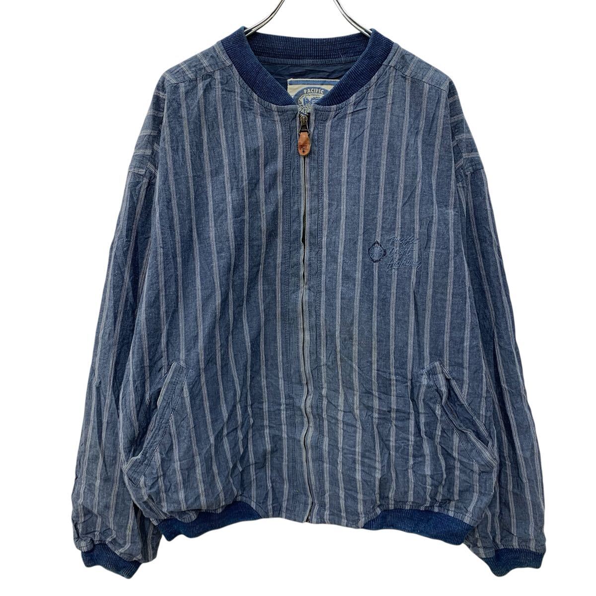 【中古】【古着】 PACIFIC COAST HIGHWAY ジャケット M〜 ブルー ネイビー ジップアップ ワンポイント刺繍 ストライプ柄 刺繍ロゴ 春秋物 a802-5420