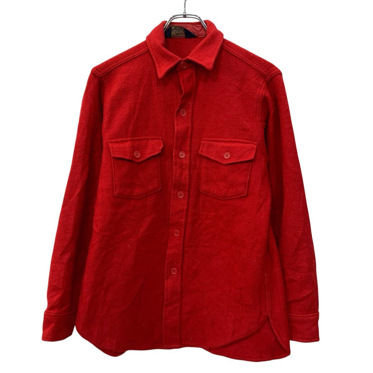 【中古】【古着】 80s USA製 Woolrich 長袖 ウールシャツ M レッド ウールリッチ ボタン シャモアクロス 胸ポケット 無地シャツ シンプ..