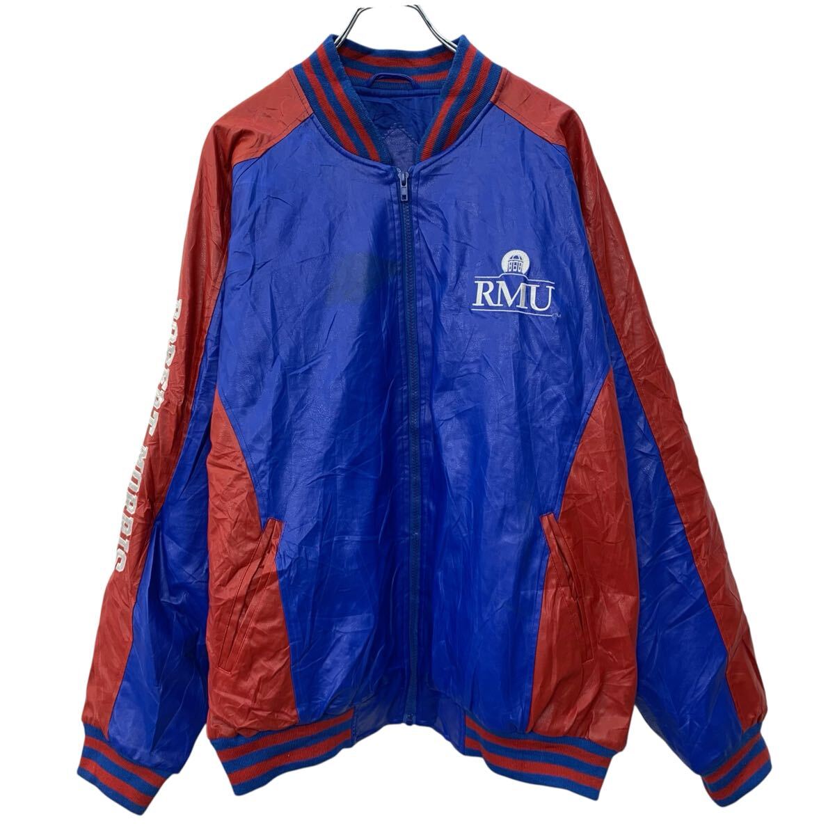 【中古】【古着】 Steve & Barry's レザースタジャン XXL レッド ブルー ジップアップ ワンポイント刺繍 アーム刺繍 スポーティー 秋冬物 a802-5536