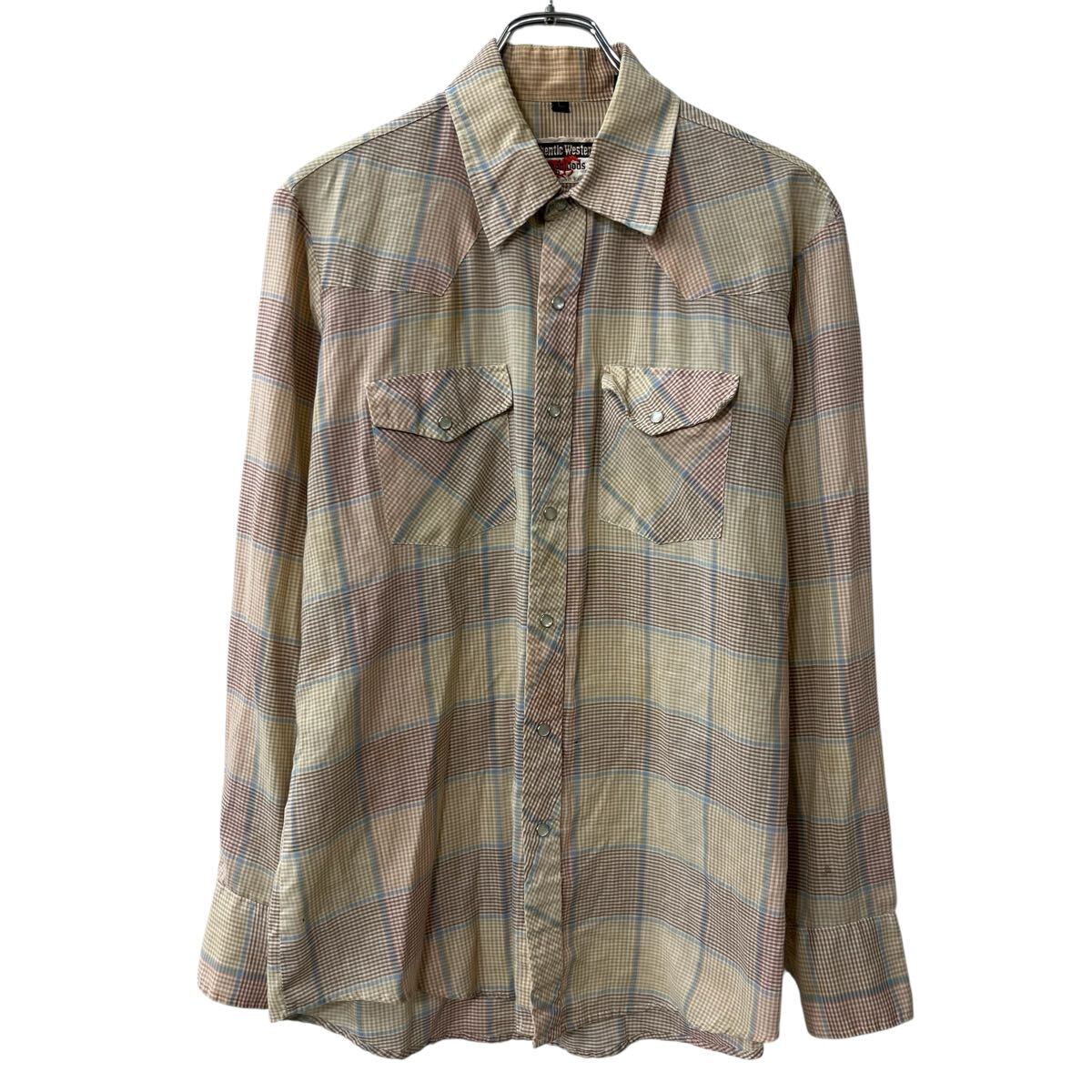 【中古】【古着】 Youngbloods 長袖 ウエスタンシャツ L ベージュ マルチカラー チェック柄 スナップボタン 胸ポケット トップス 春物 a802-6061