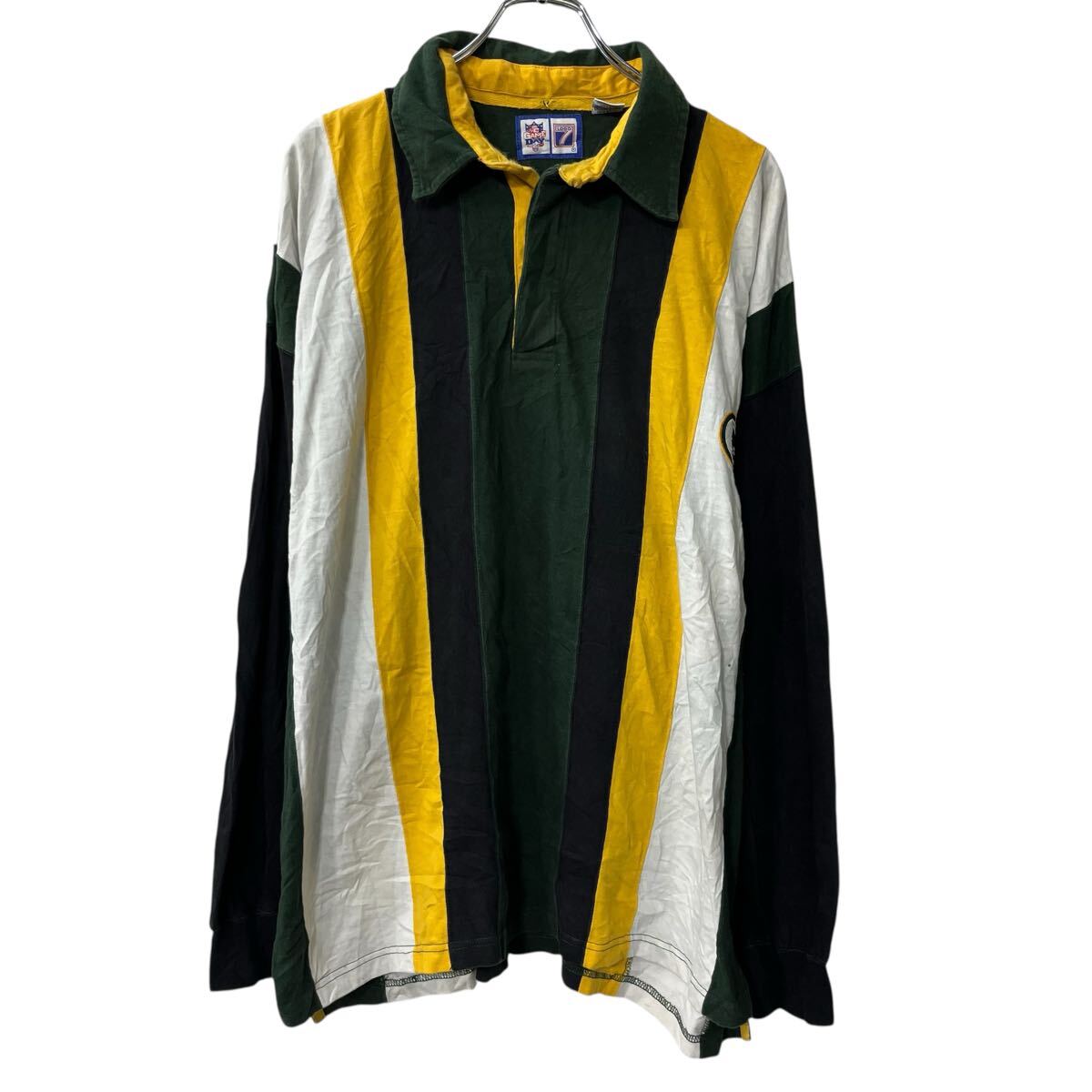 【中古】【古着】 GAME DAY 長袖 ストライプポロシャツ 2XL グリーン マルチカラー プルオーバー ラガーシャツ ビッグサイズ 秋物 a803-5027