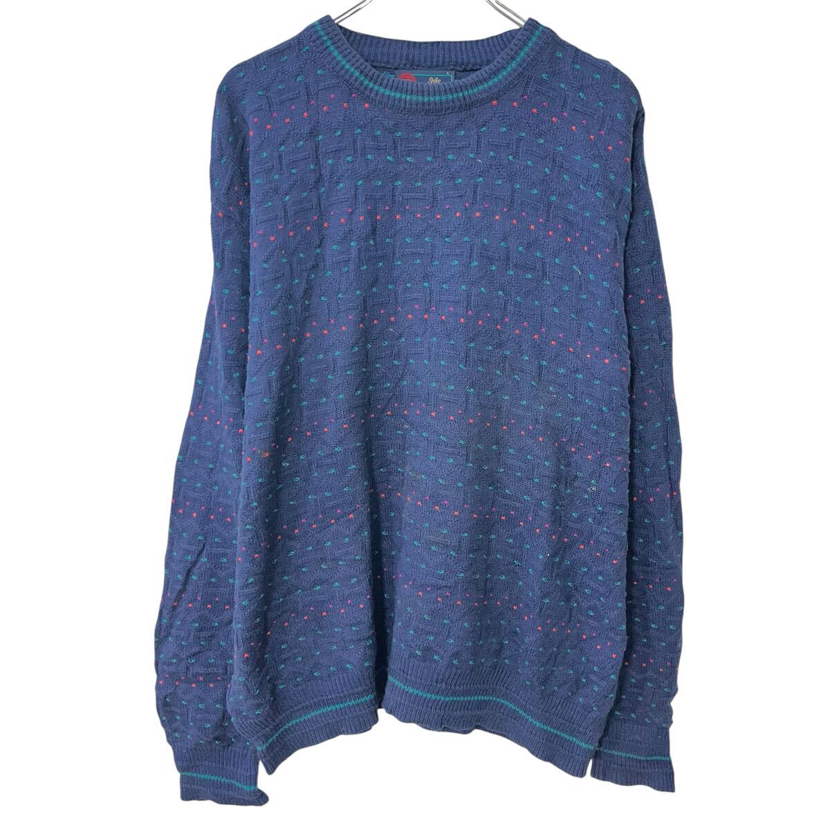 【中古】【古着】 USA製 lsle of COTTON コットンニット セーター L ネイビー マルチカラー コットン プルオーバー 秋物 a803-5039