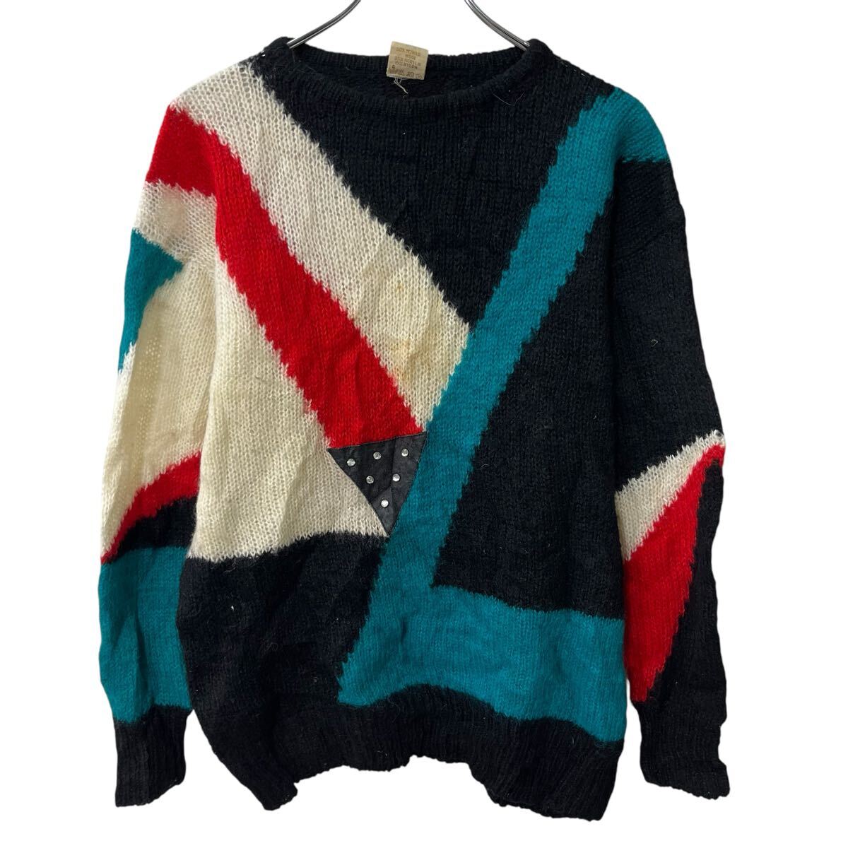 【中古】【古着】 MONTANA HAMBURG ニット セーター XL～ ブラック マルチカラー ウール混 プルオーバー 秋物 a803-5040