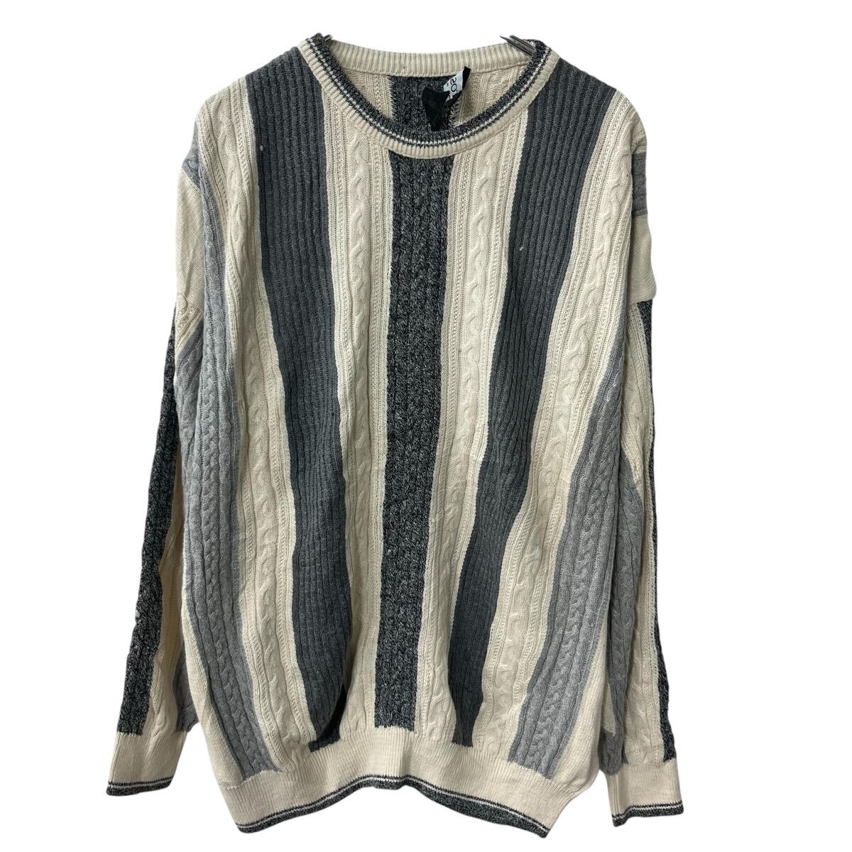 【中古】【古着】 TOSANI ニット セーター L ホワイト グレー コットン混 ストライプ ケーブルニット プルオーバー 秋物 a803-5041