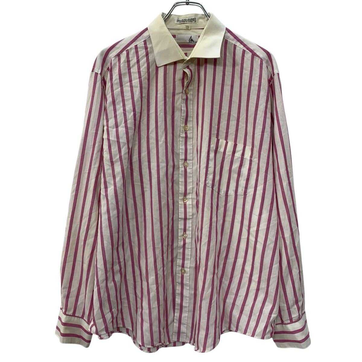 【中古】【古着】 KETCH 長袖 ストライプシャツ XL ホワイト ピンク ボタン 胸ポケット 襟芯 ストライプ柄 薄手シャツ 薄手 カジュアル 春物 a803-5049